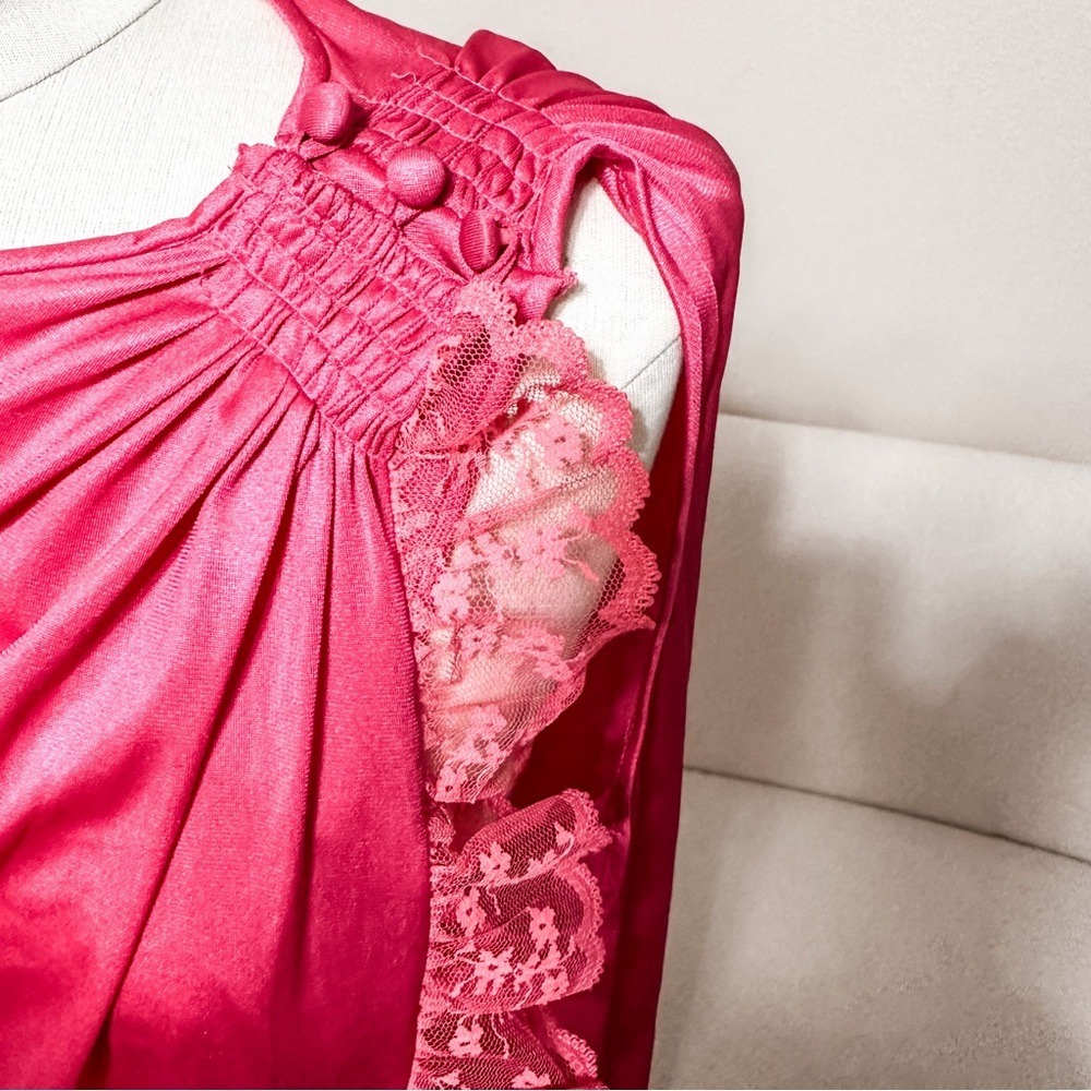 Vtg 80s Pink Coquette Satin Lace Maxi Lingerie Gown Ruffles Smocked - Picture 5 of 8